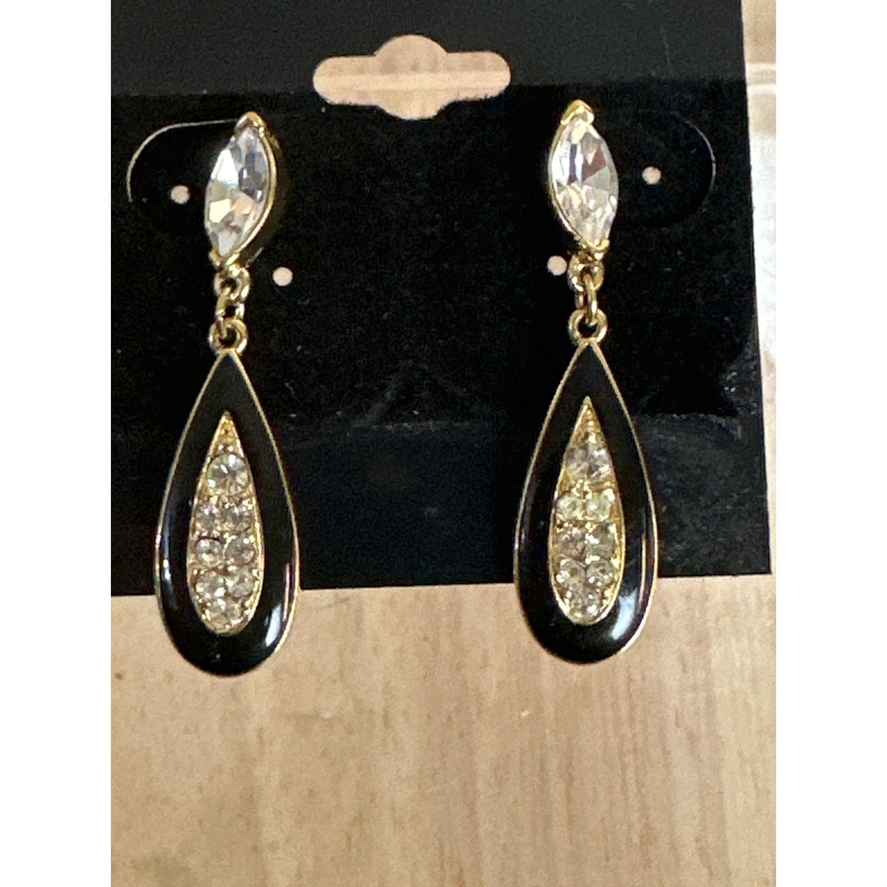 Gold Tone Black‎ Enamel and Crystal Teardrop Drop Earrings Marquise Stud